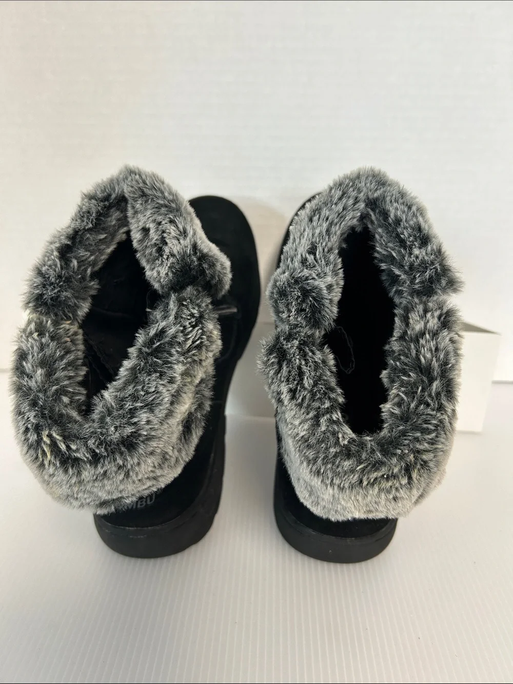 Khombu “Jessica” Black Suede Zip Ankle Boots Grey Faux Fur Collar Womens 10